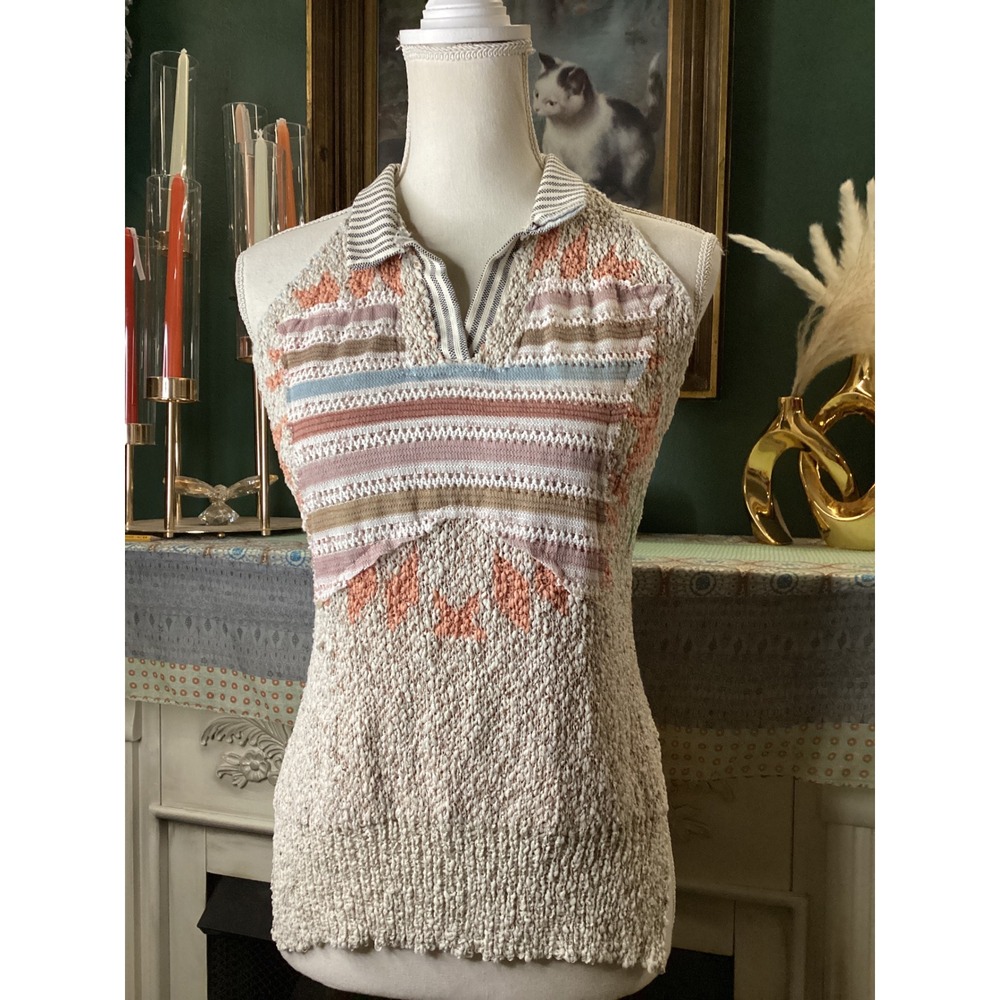 POL Womens Halter Neck Knit Top Small GST239 Mixed Stitch Boho Striped Polo